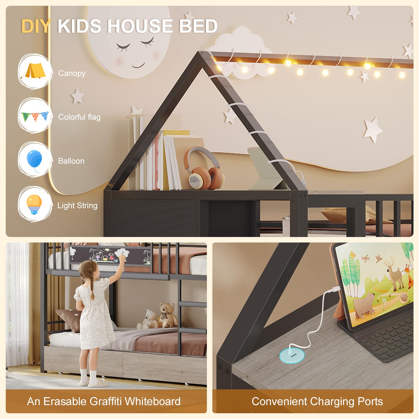 House Shaped Twin Over Twin Bunk Bed with Storage & Lights