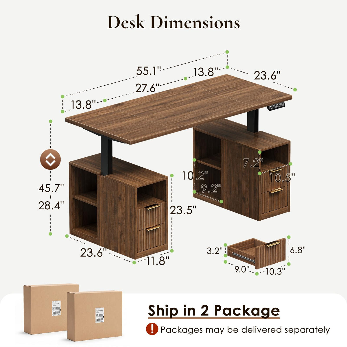 OffiGo Fluted 55 Inch Electric Standing Desk with 2 Storage Cabinet, Walnut