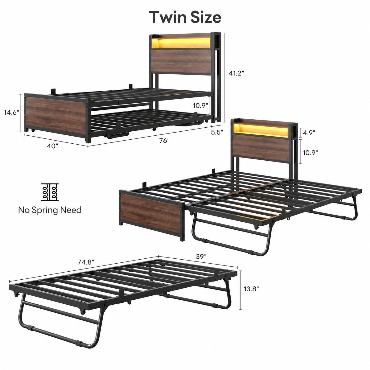LIKIMIO  Twin Daybed with Trundle, LED Lights and Charging Station