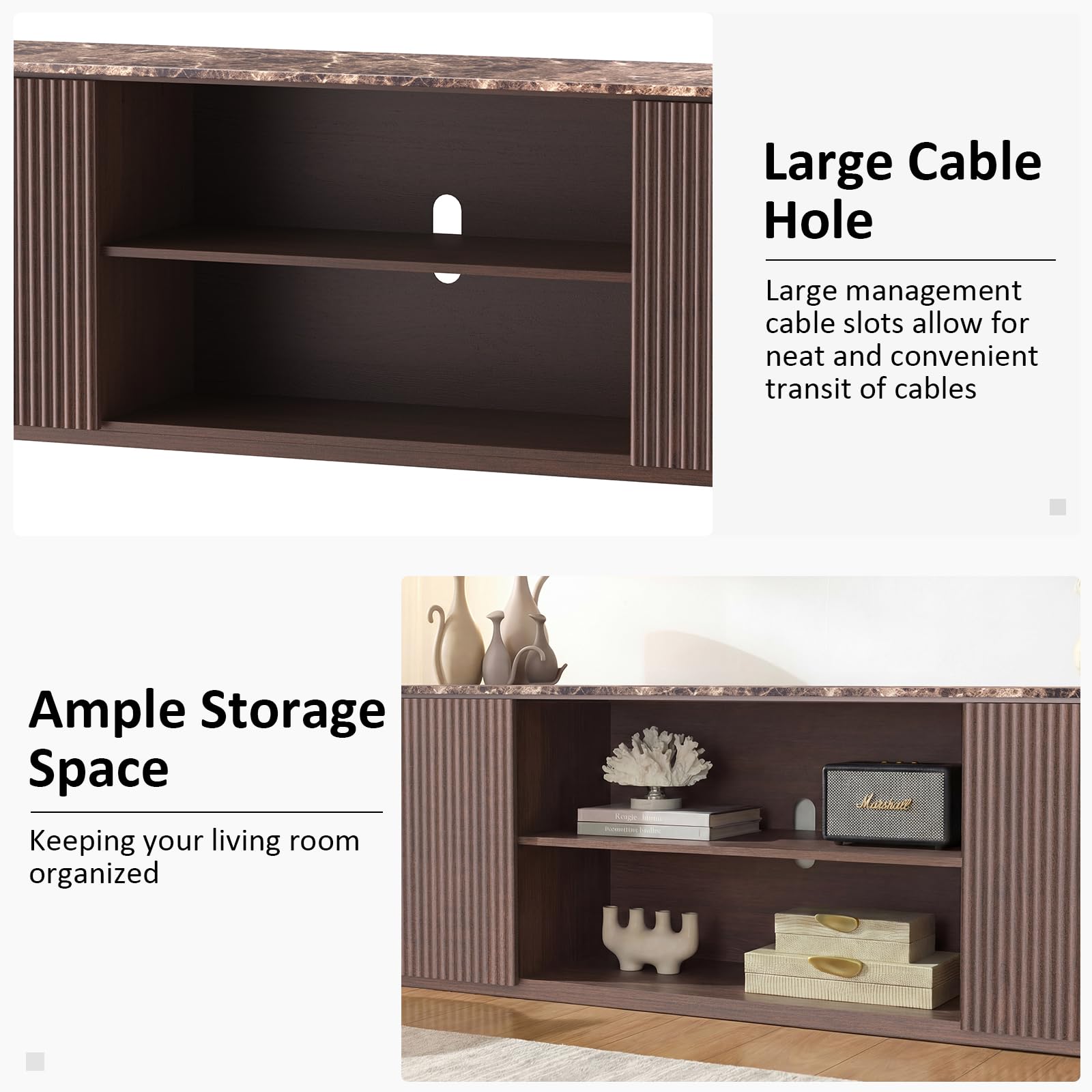 70" TV Stand, Modern Entertainment Center for TVs Up to 80", Fluted TV Console with Storage, Adjustable Shelves, Faux Marble Top, Curved Profile Design, Wood Media Console for Living Room, Brown Oak