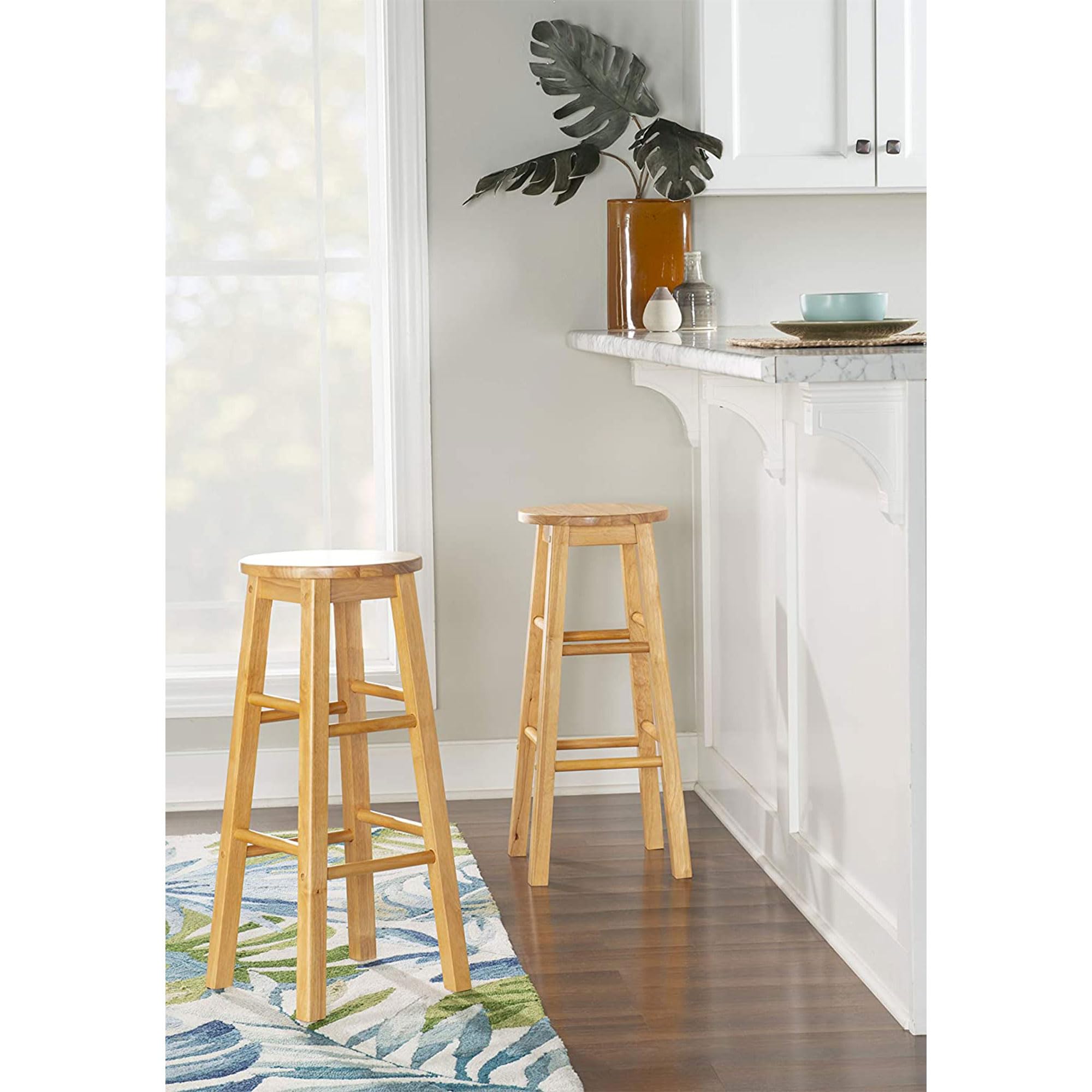 PJ Wood 29 Inch Tall Classic Round Seat Kitchen Counter Bar Stools 2 Pack with 4 Square Legs for Homes, Dining Spaces, and Bars, Natural