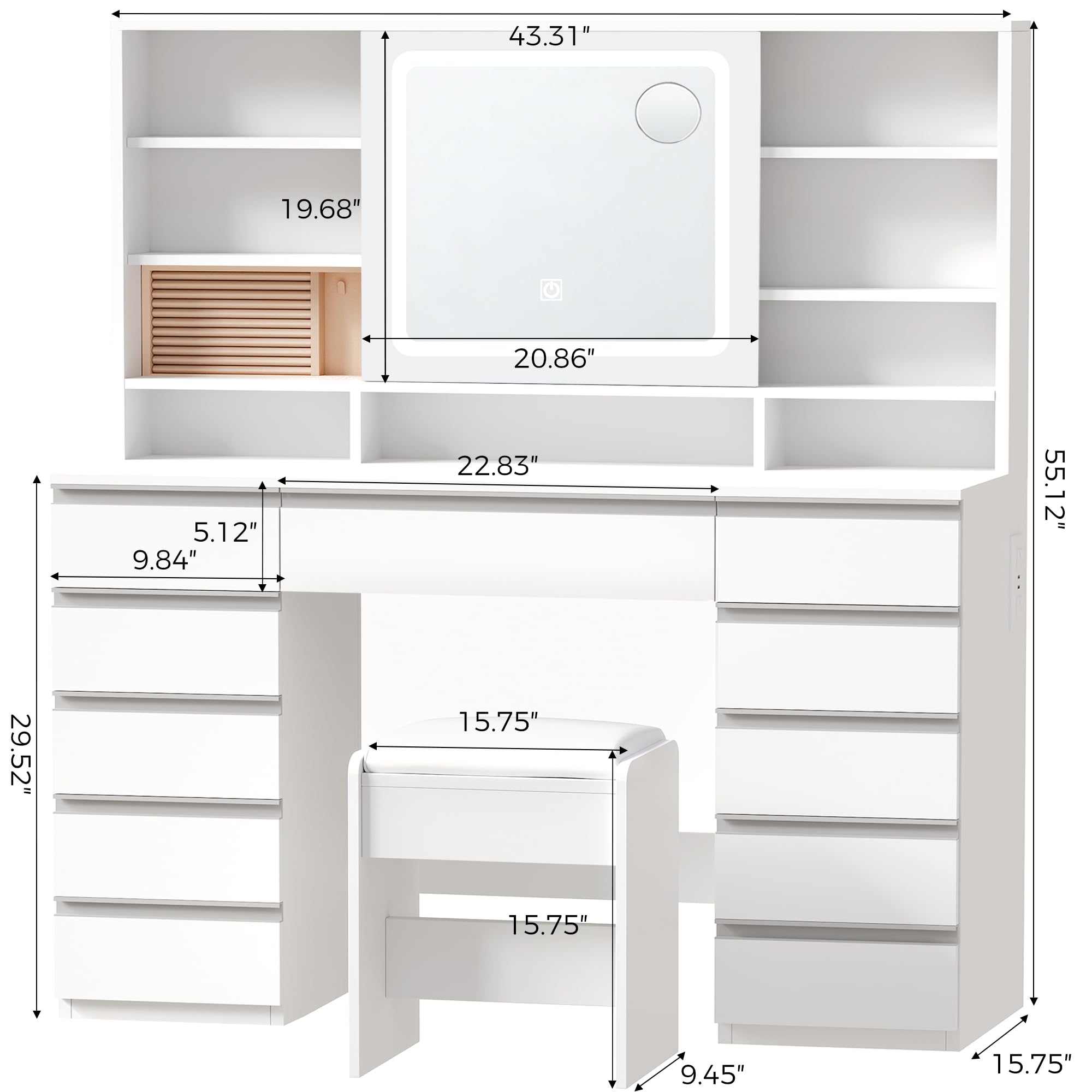 ANWBROAD 43'' Large Vanity Desk with Sliding Mirror and Lights, Makeup Vanity Table with Jewelry Organizer,11 Drawers,6 Shelves, 3Color Lights Makeup Desk with Stool and Power Outlet for Girls UBDT98X