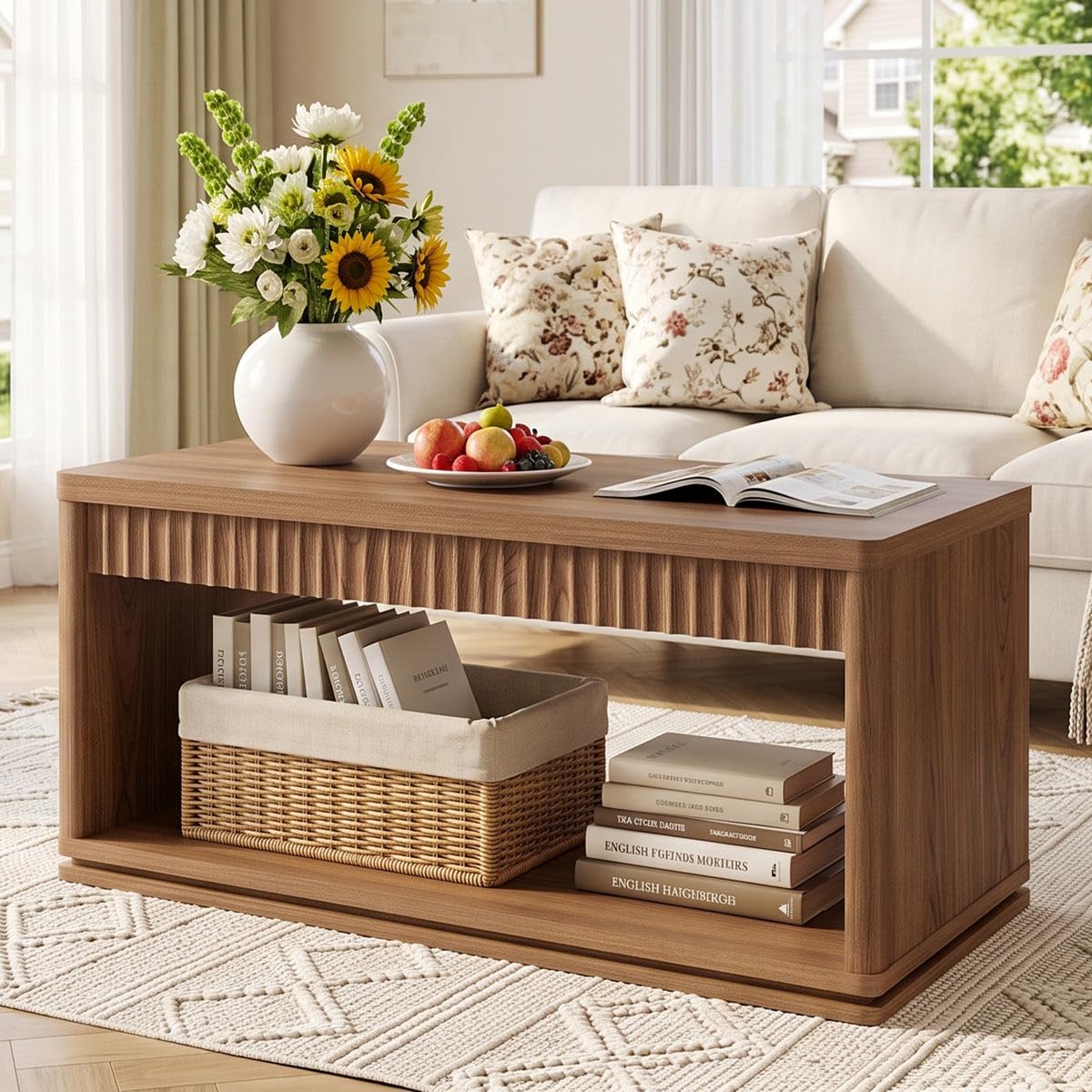 FATORRI Coffee Table with Storage Shelf, 2-Tier Wood Coffee Tables, Farmhouse Rectangular Living Room Center Table with Fluted Panel (Walnut)