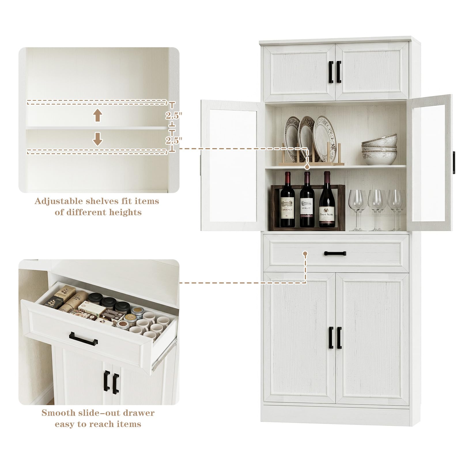 Tall Kitchen Pantry Storage Cabinet with Glass Doors