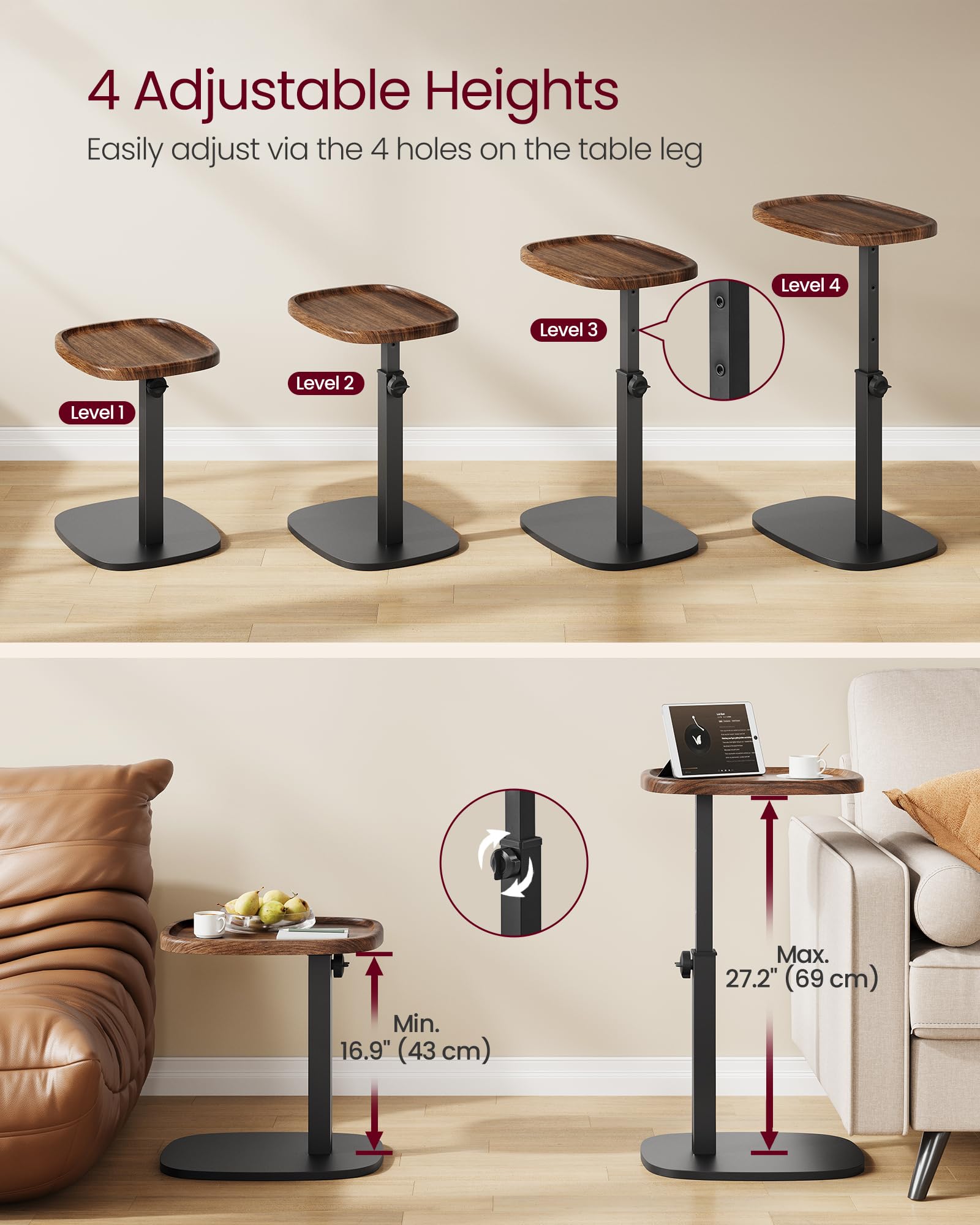 C-Shaped Side Table with Adjustable Height