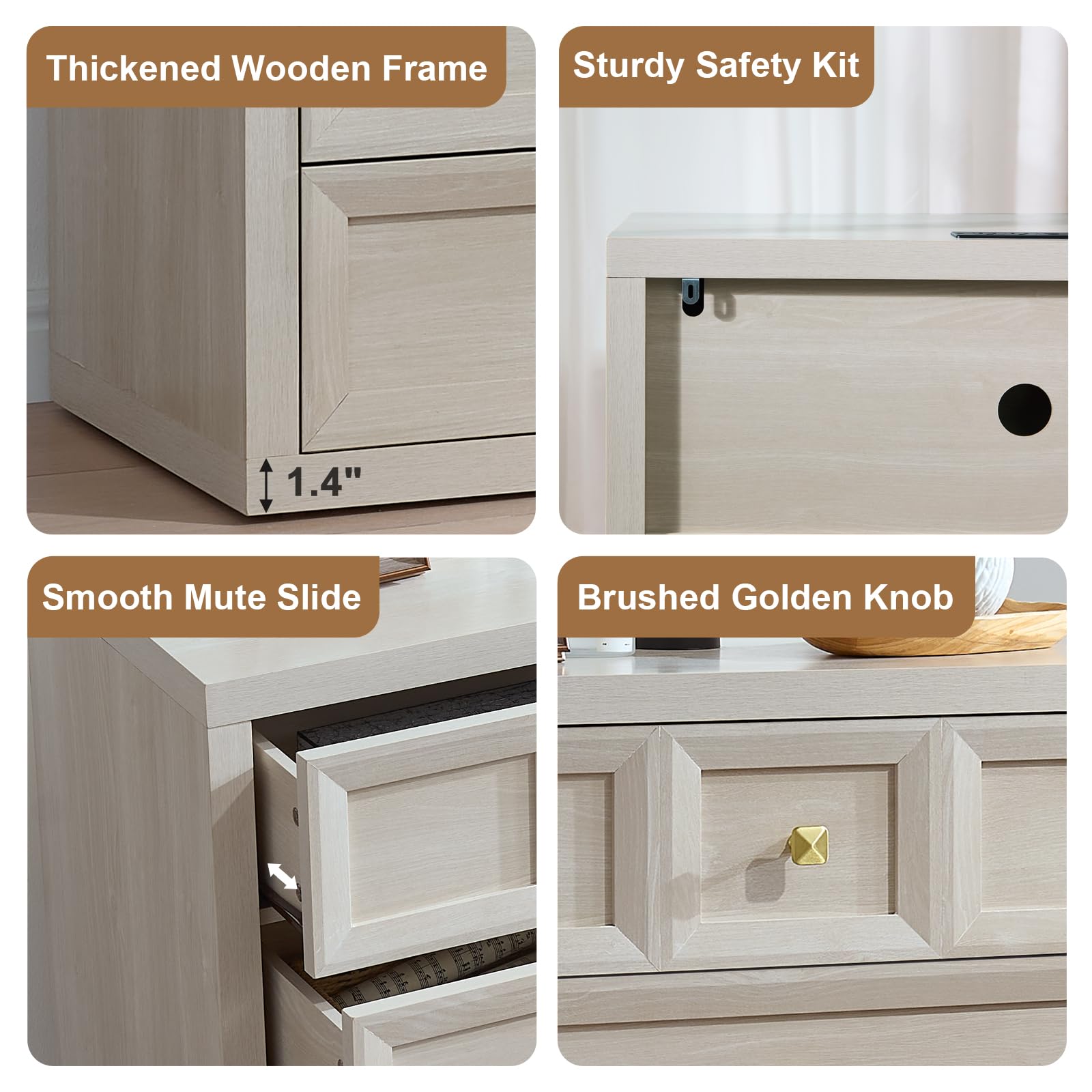 Modern 3-Drawer Nightstand Set of 2 with Charging Station