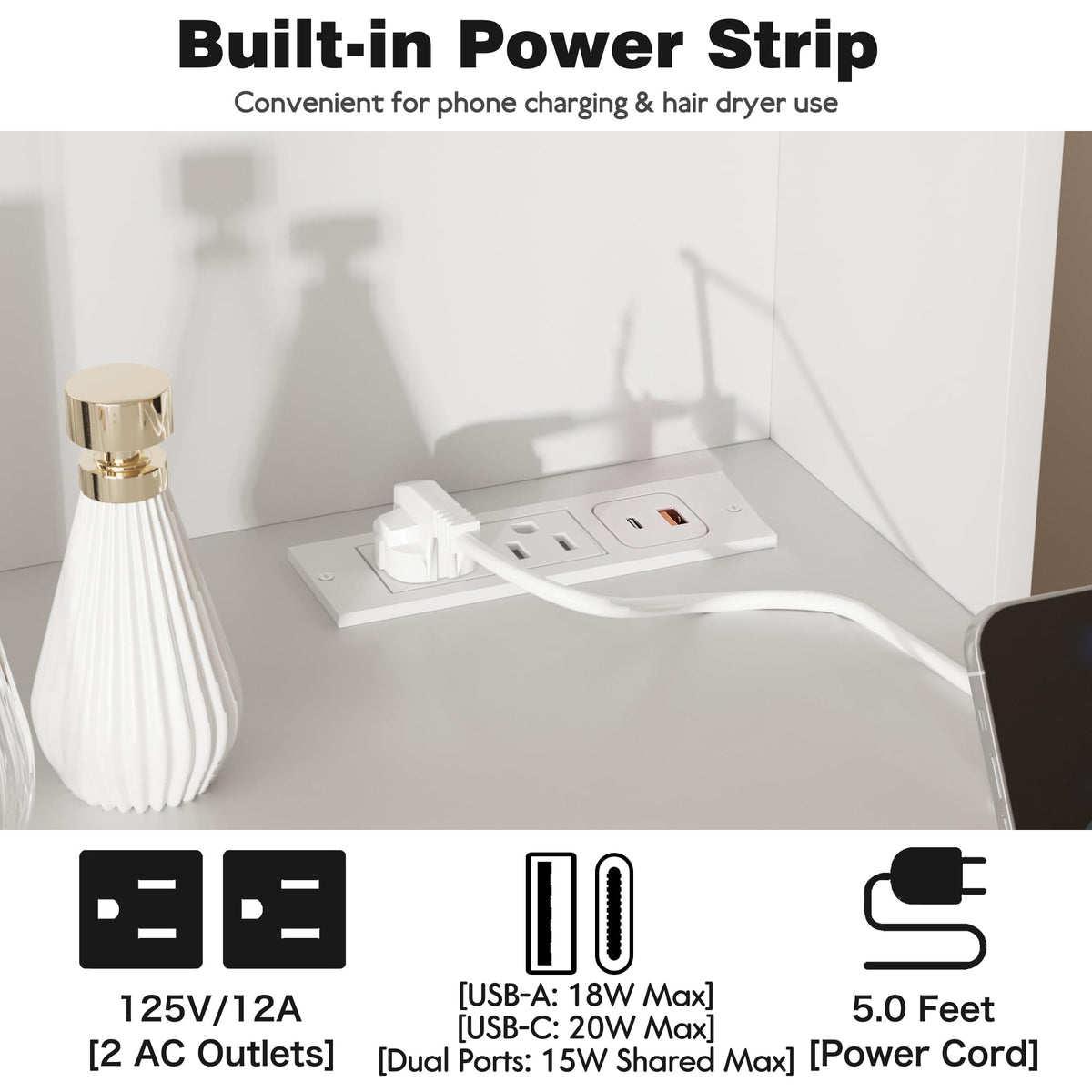 YESHOMY Vanity Desk with Mirror, Outlet, 10 Lights & 7 Drawers,Pure White
