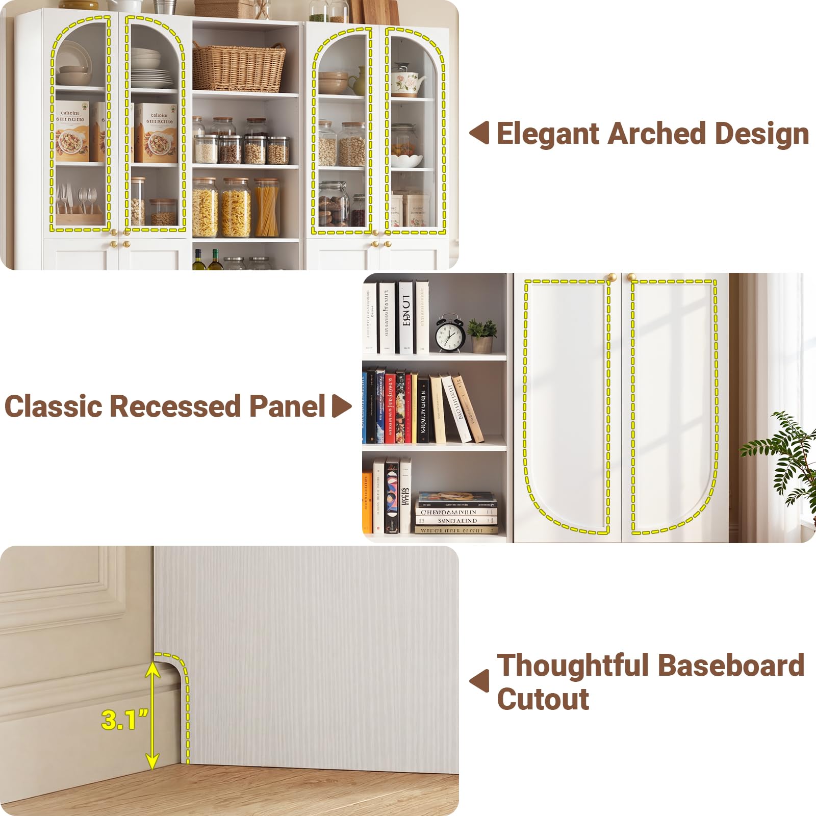 Cyclysio 80" Tall Bookcase System with 4 Tempered Glass Doors, Arched Corner Bookshelf with 6-Tier Open Shelves, Wooden Pantry Storage Organizer with Baseboard Cutout for Living Room