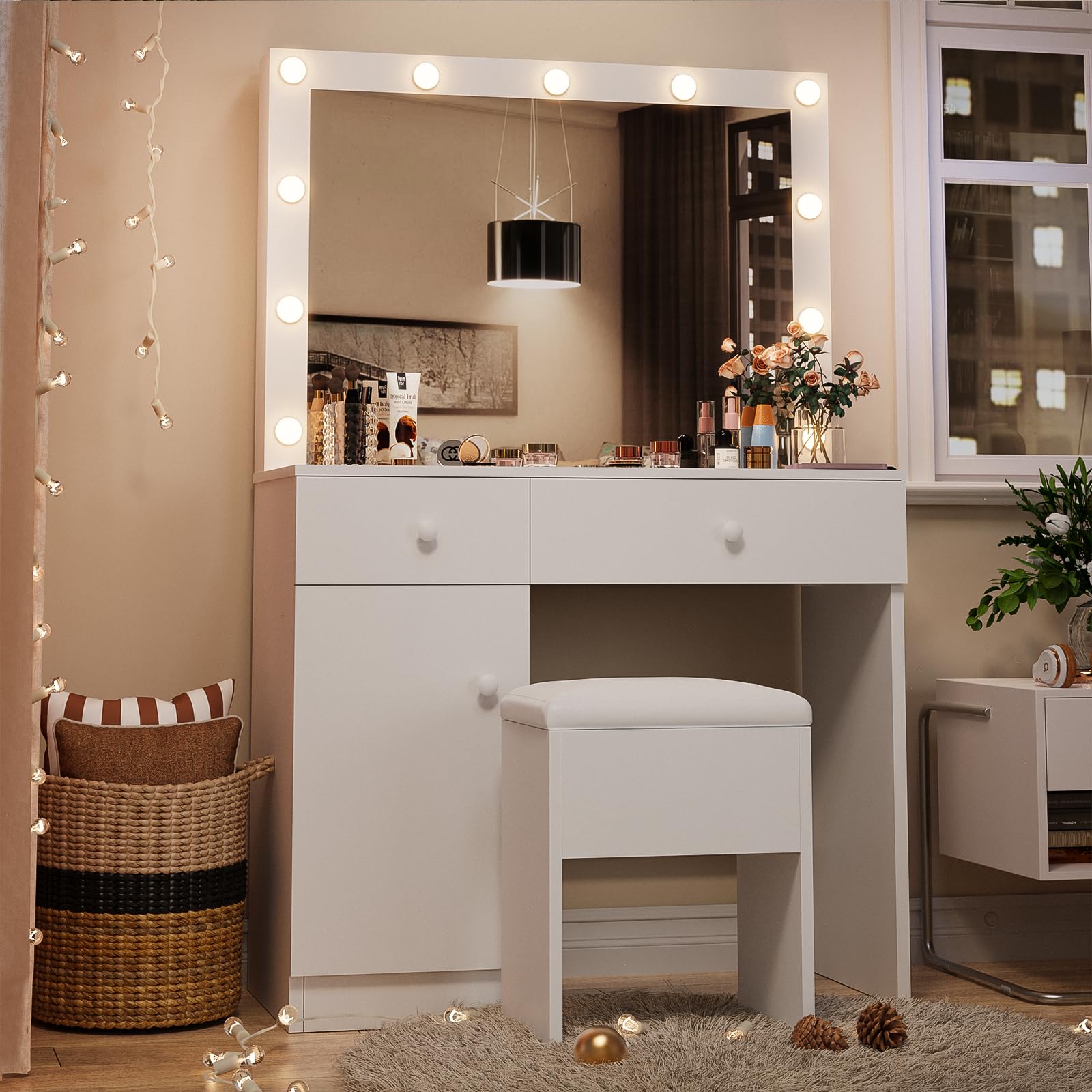Haewon Vanity Desk with Mirror, 11 LED Lights and Power Outlet, Makeup Vanity Set with Storage Cabinet, Drawers and Chair, White Dressing Table with 3 Adjustable Light Modes for Bedroom