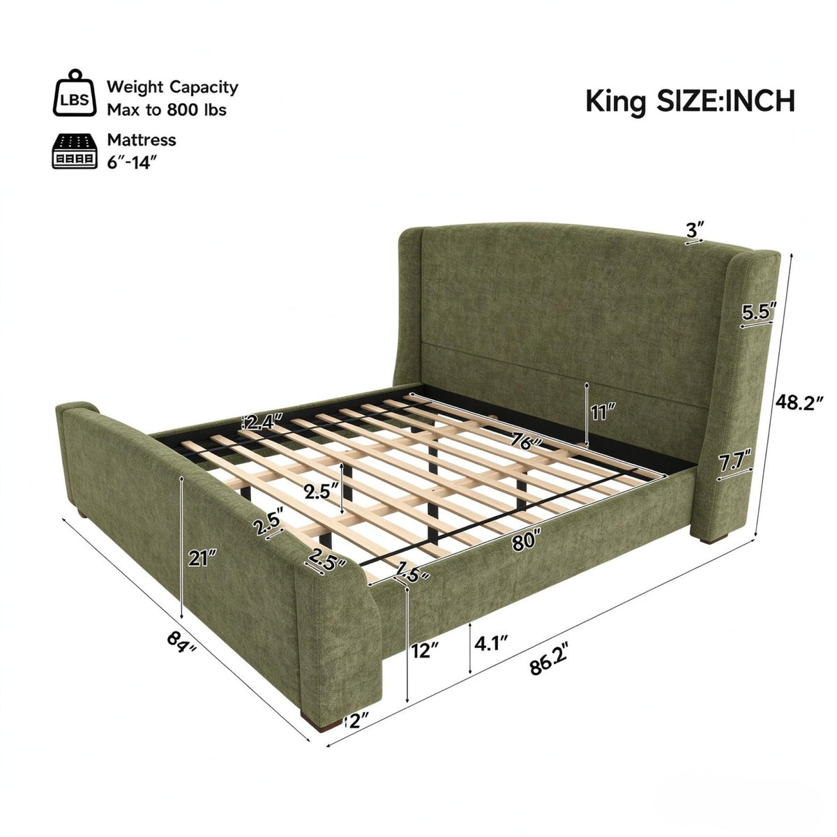 Merax Modern Upholstered Bed Frame with Wingback Headboard, Olive Green