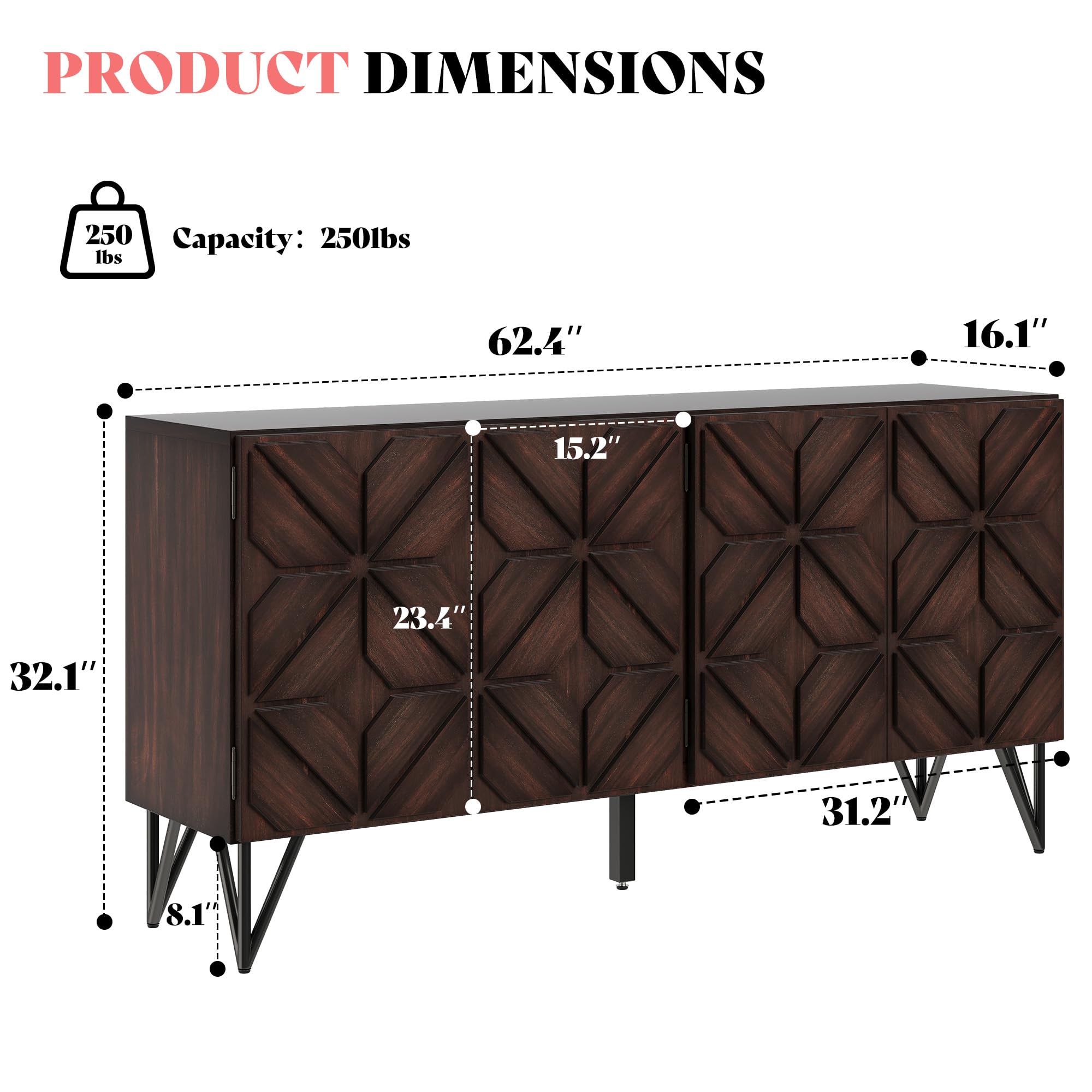 63" Wood Sideboard Buffet Cabinet with Hand-Carved Doors