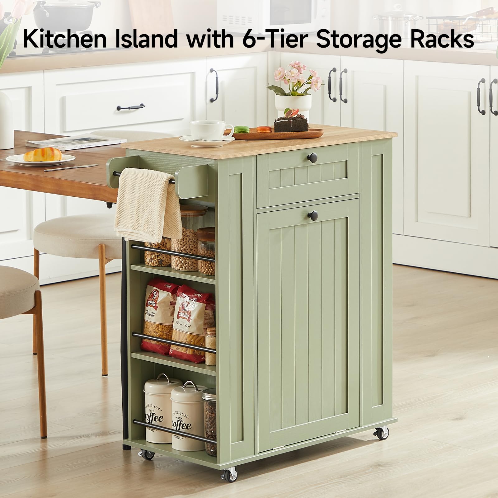 Rolling Kitchen Island with Trash Cabinet & Power Outlet