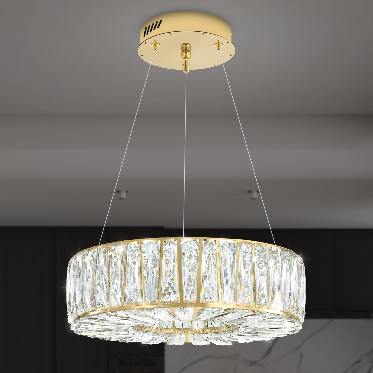 WOSOHYUN 16in Gold Ring Crystal Chandeliers for Dining Room Modern LED Dimmable Ring Pendant Light Chandelier for Living Room Bedroom