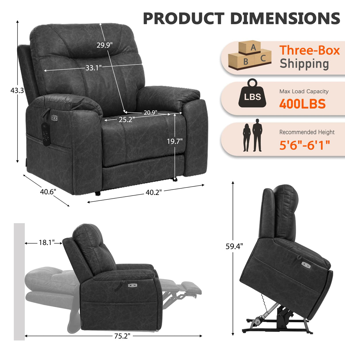 EONIX Large Triple Motor Power Lift Recliner Chair with Heat & Massage