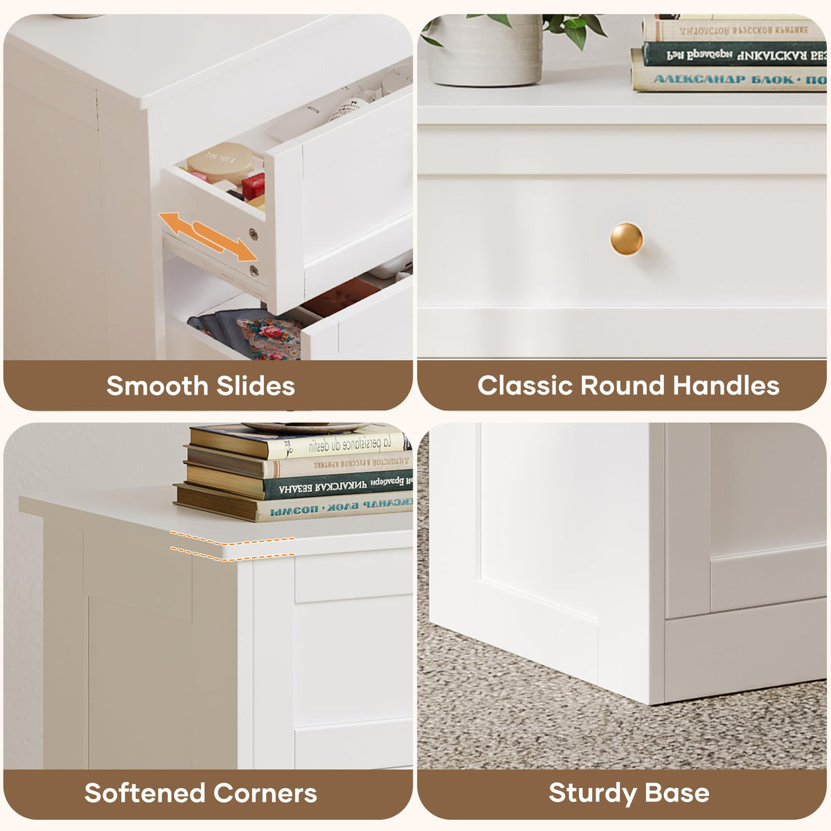 wanan Nightstands Set of 2 with Hidden Drawer, White and Gold