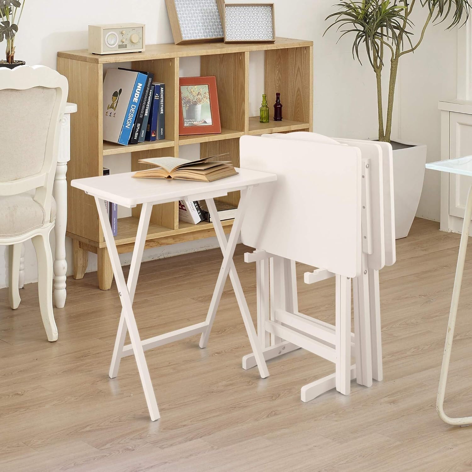 5-Piece Solid Wood Folding Tray Table Set with Storage Stand