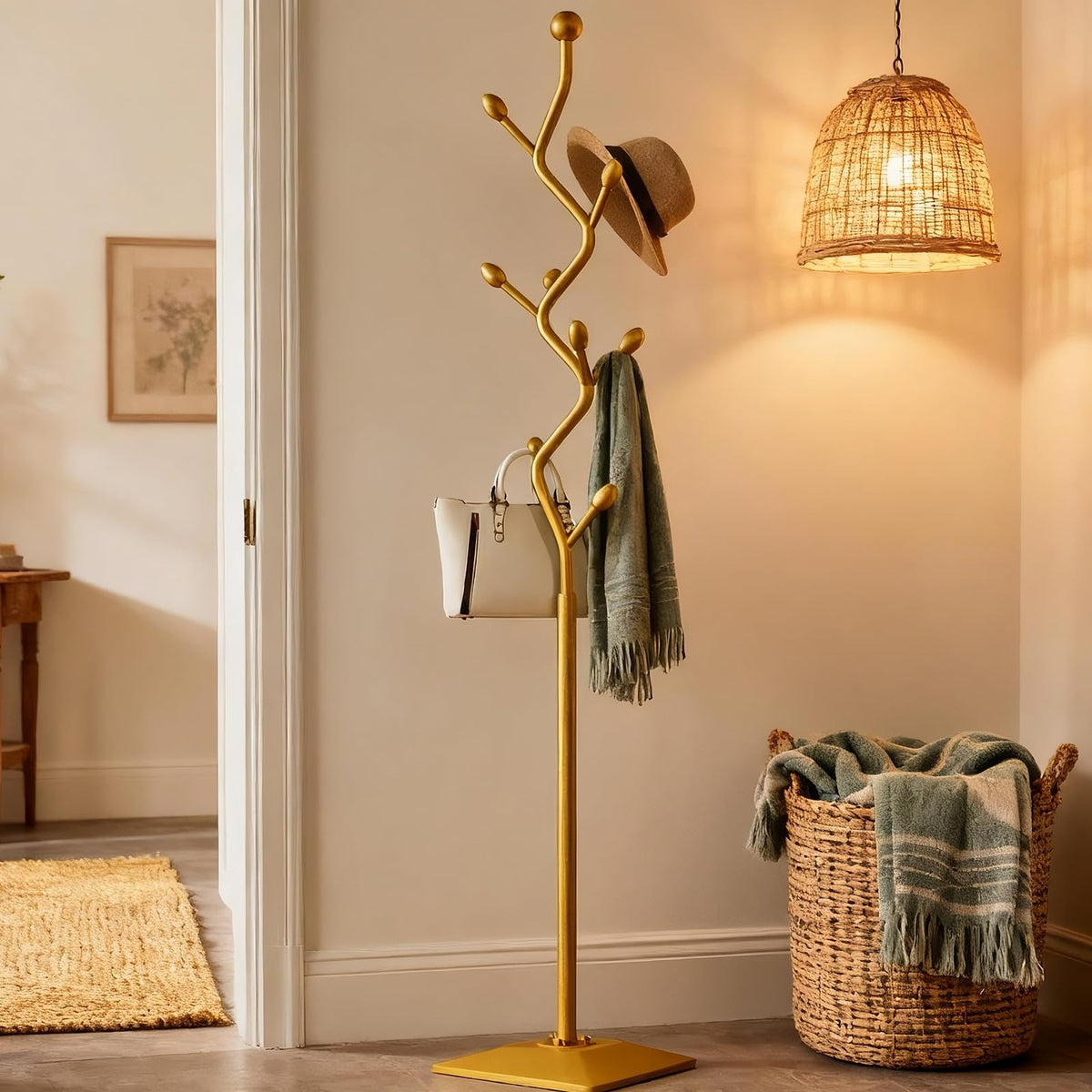 HAZHEYE Gold Coat Rack,Coat Tree Freestanding,Creative Design Tree Branch-look, Standing Coat Rack Coat Hanger Stand with Stury cast iron Base for Entryway, Hallway, Bedroom
