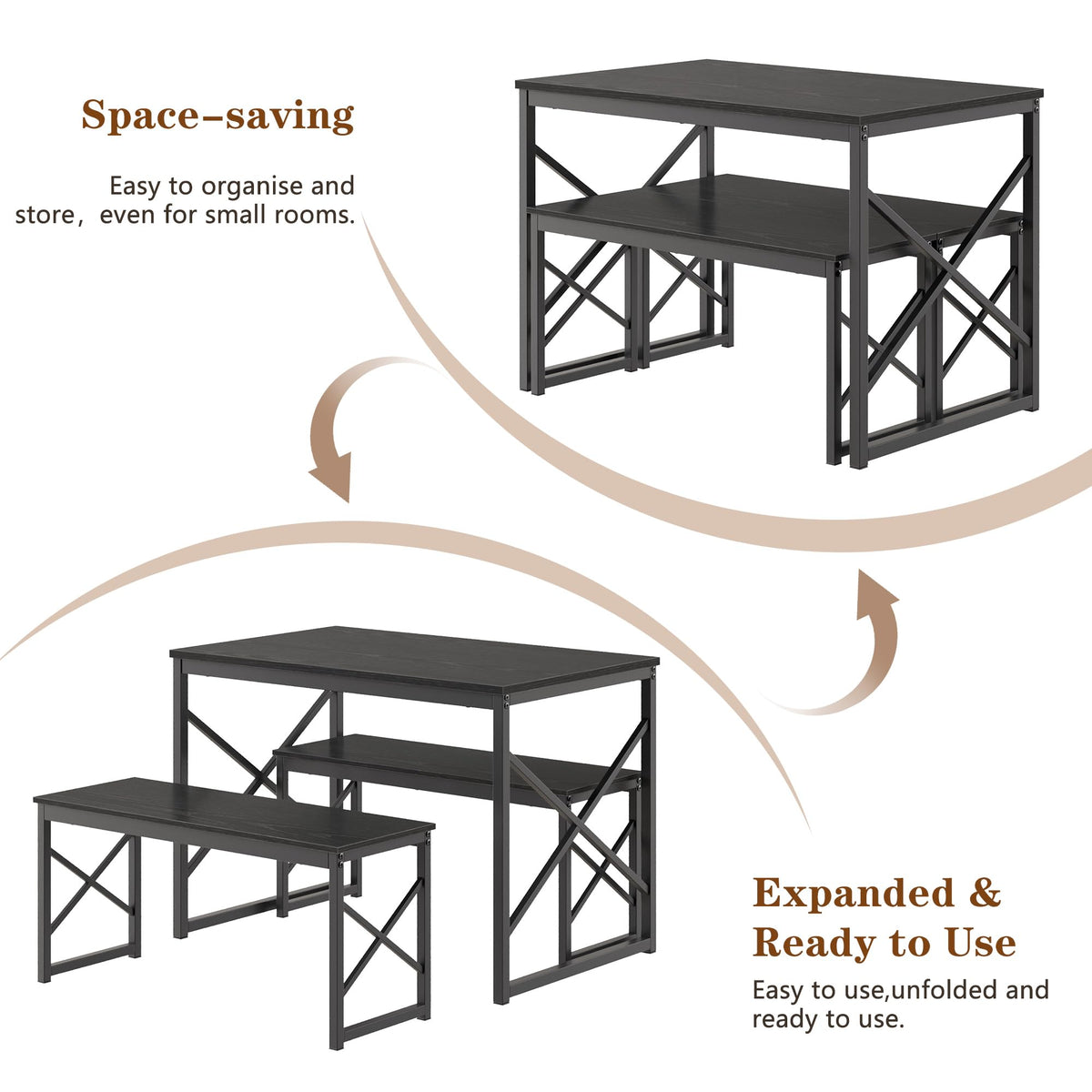 VECELO 43.3" Kitchen Dining Table Set for 4, Heavy-Duty Steel Frame & Wood-Grain Tabletop, Space-Saving Dinette Sets with 2 Benches for Breakfast Nook and Small Space, Matte Black