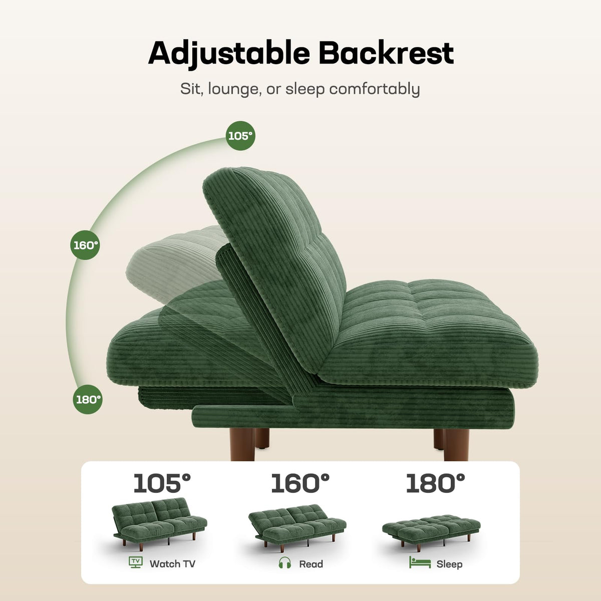 Marsail 70" Futon Sofa Bed, Convertible Small Recliner Sleeper Sofa Bed with Adjustable Backrest, Corduroy Loveseat Futon Couch for Small Apartments, Living Room Office, Guest Room (Green)