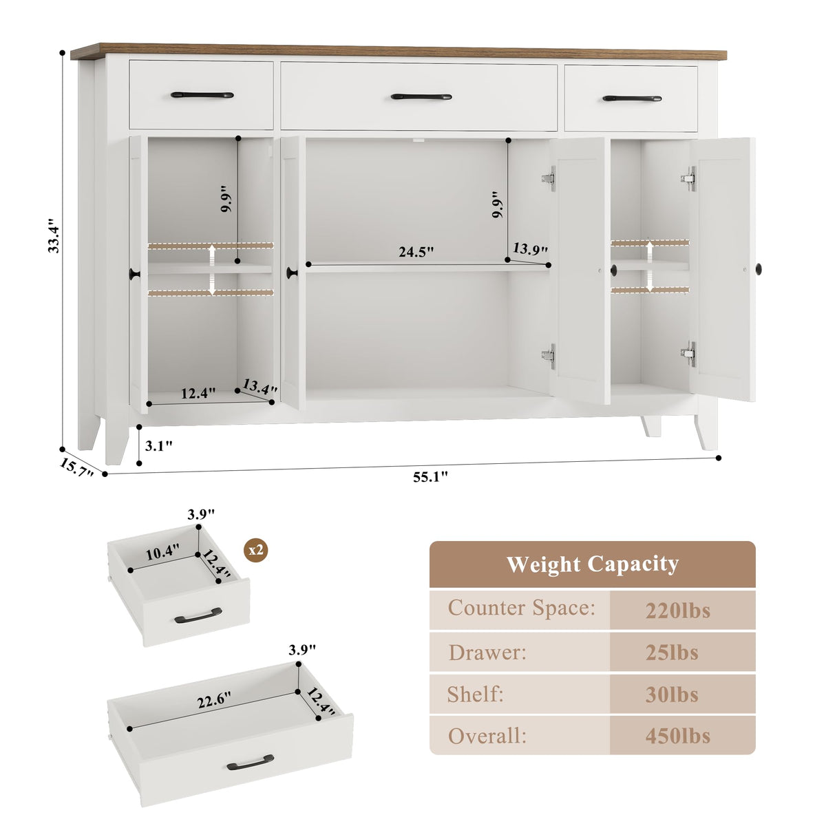 HORSTORS 55" W Buffet Cabinet with Storage, Kitchen Storage Cabinet, White