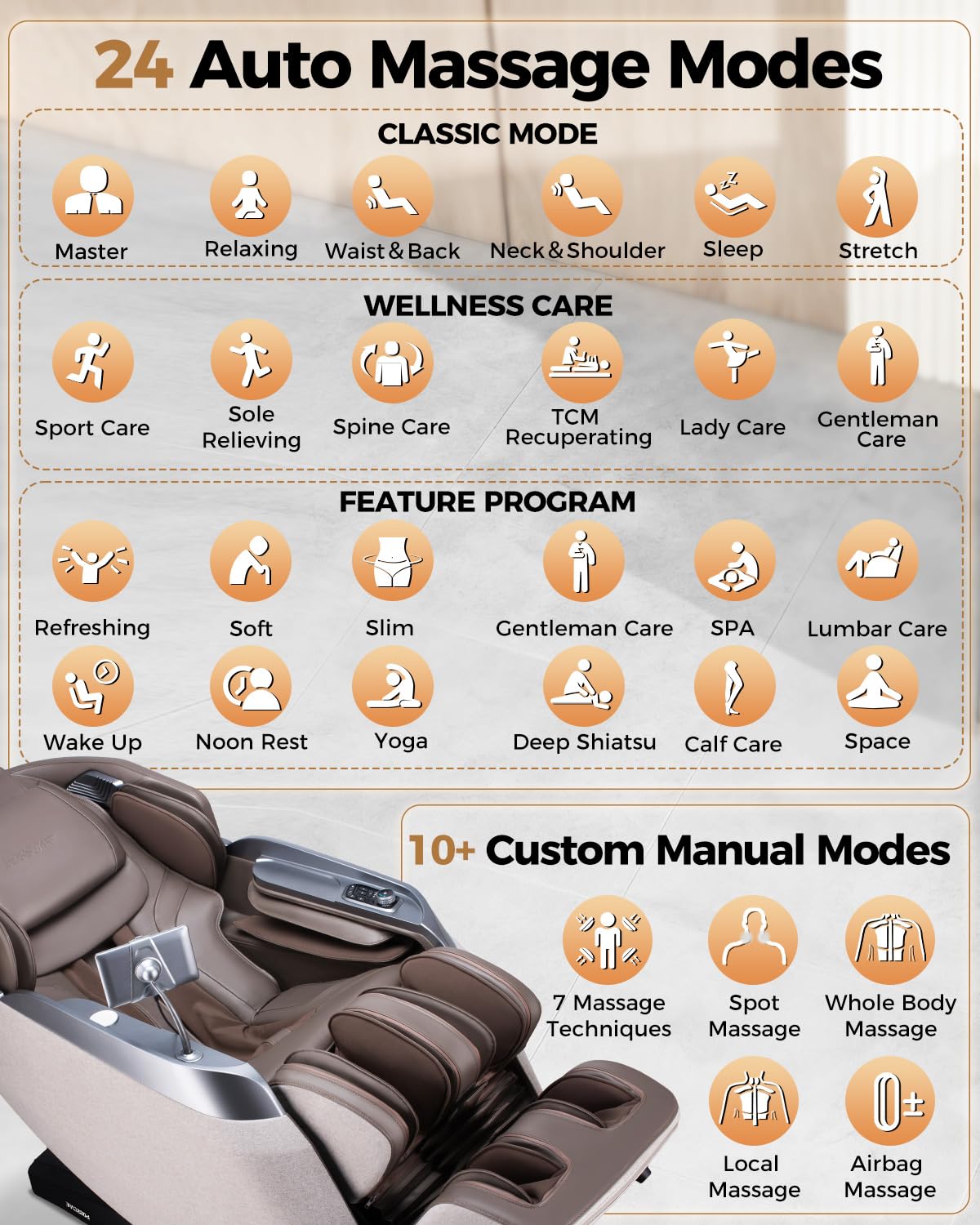BOSSCARE 2026 4D Massage Chair Full Body, 24 Modes Zero Gravity SL-Track Shiatsu Recliner- AI APP Control Airbag Massage with Body Scan, Deep Yoga Stretch, Foot Rollers, Built-in Heat System(Brown)