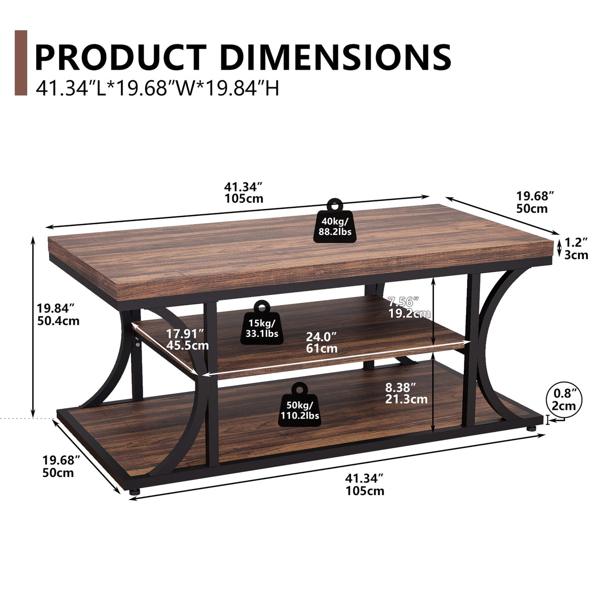 FUXJUM Coffee Table with Storage, 3-Tier Farmhouse Living Room Table