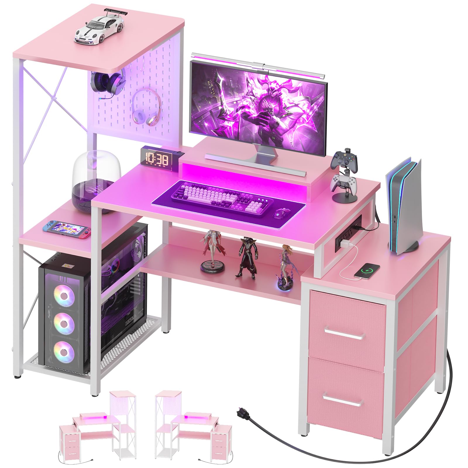 Gaming Desk with Drawers, LED Lights & Power Outlet