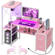 Gaming Desk with Drawers, LED Lights & Power Outlet