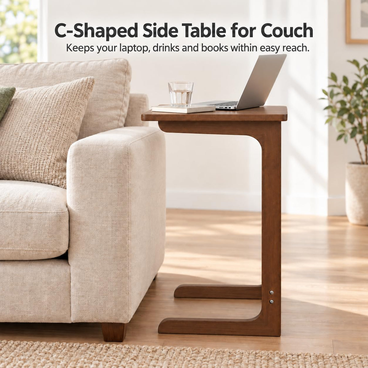 JAYULOR C-Shaped Side Table for Couch, Solid Rubberwood End Table, Walnut