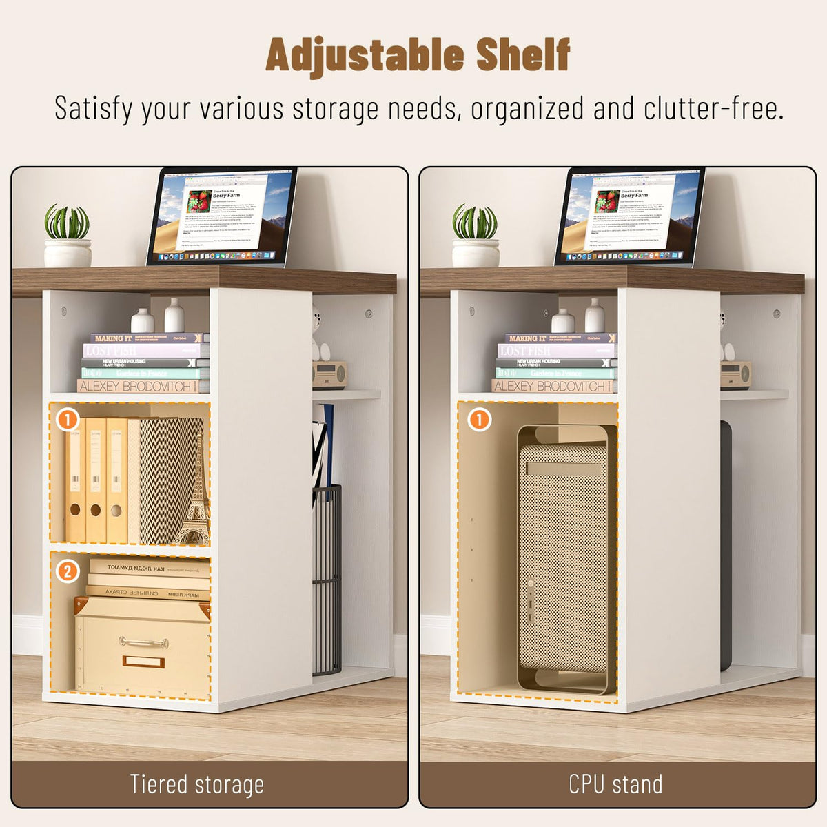 EXCEFUR Modern Computer Desk for Home Office, PC Gaming Desk with Reversible Storage Shelves, Study Writing Table Workstations for Living Room, 53 Inch, Rustic Oak and White