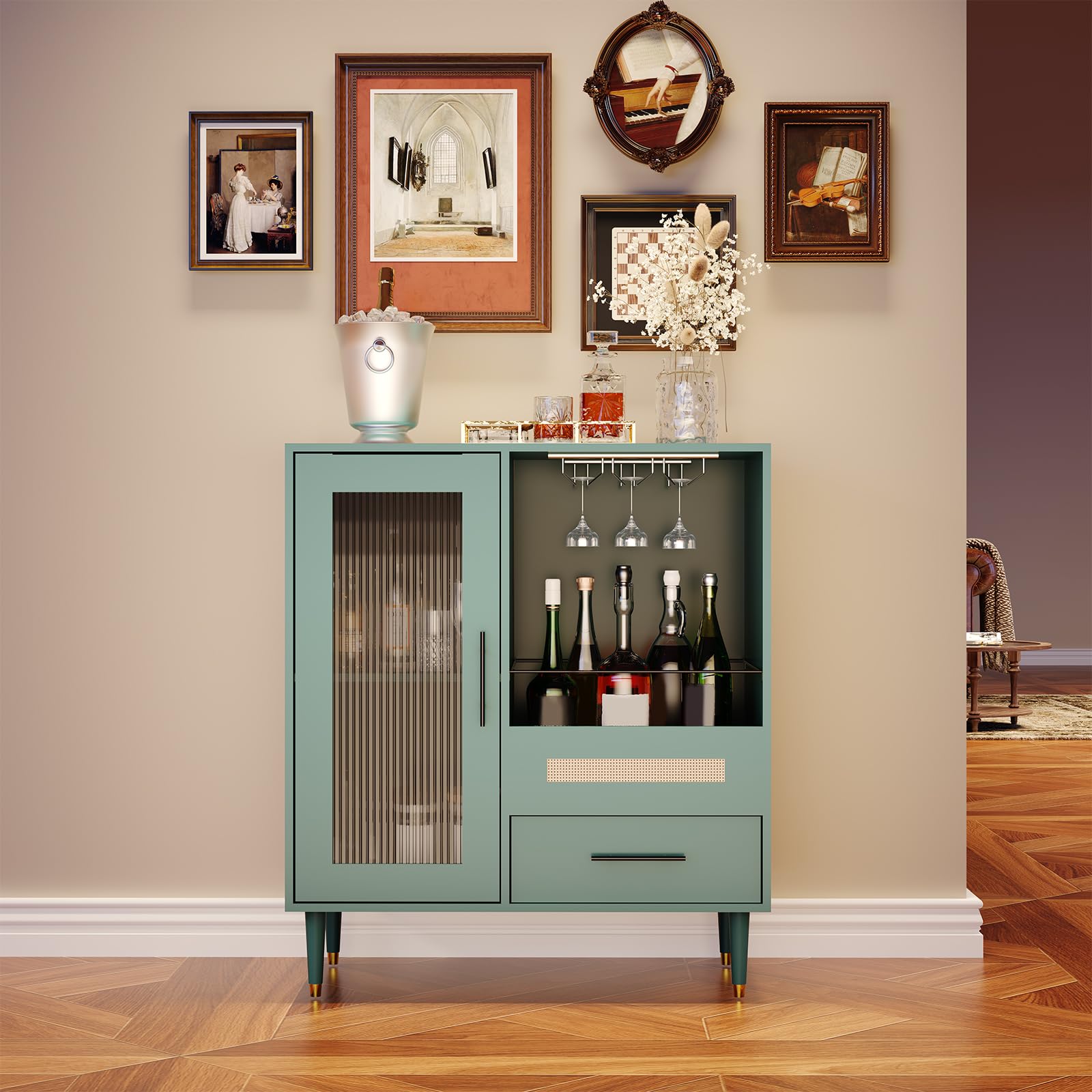 Freestanding Wine Bar Cabinet & Coffee Bar with Wine Rack, Modern Liquor Cabinet with Storage Sideboard Buffet with Tempered Glass Door & Drawers & Glass Holder for Home Dining Room, Living Room