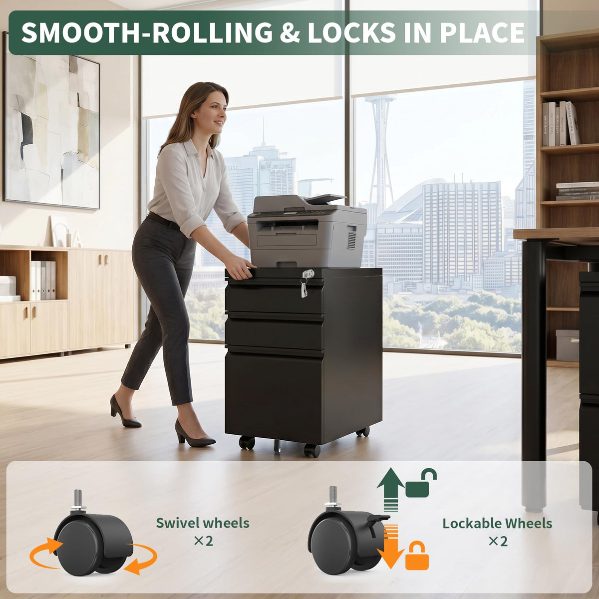 TEEALUBAN 3 Drawer File Cabinet with Lock, Black Metal, Under Desk