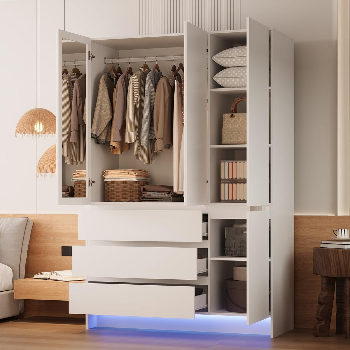 VOWNER Armoire Wardrobe Closet with 4 Doors, Bedroom Armoire with Mirrors