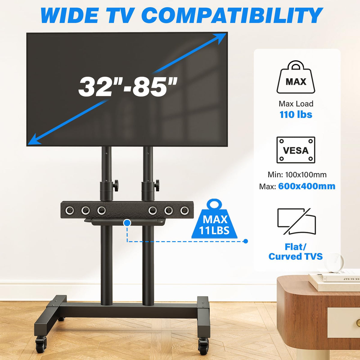 Rfiver Rolling TV Stand for 32-83 Inch TVs with 15-Level Height Adjustment