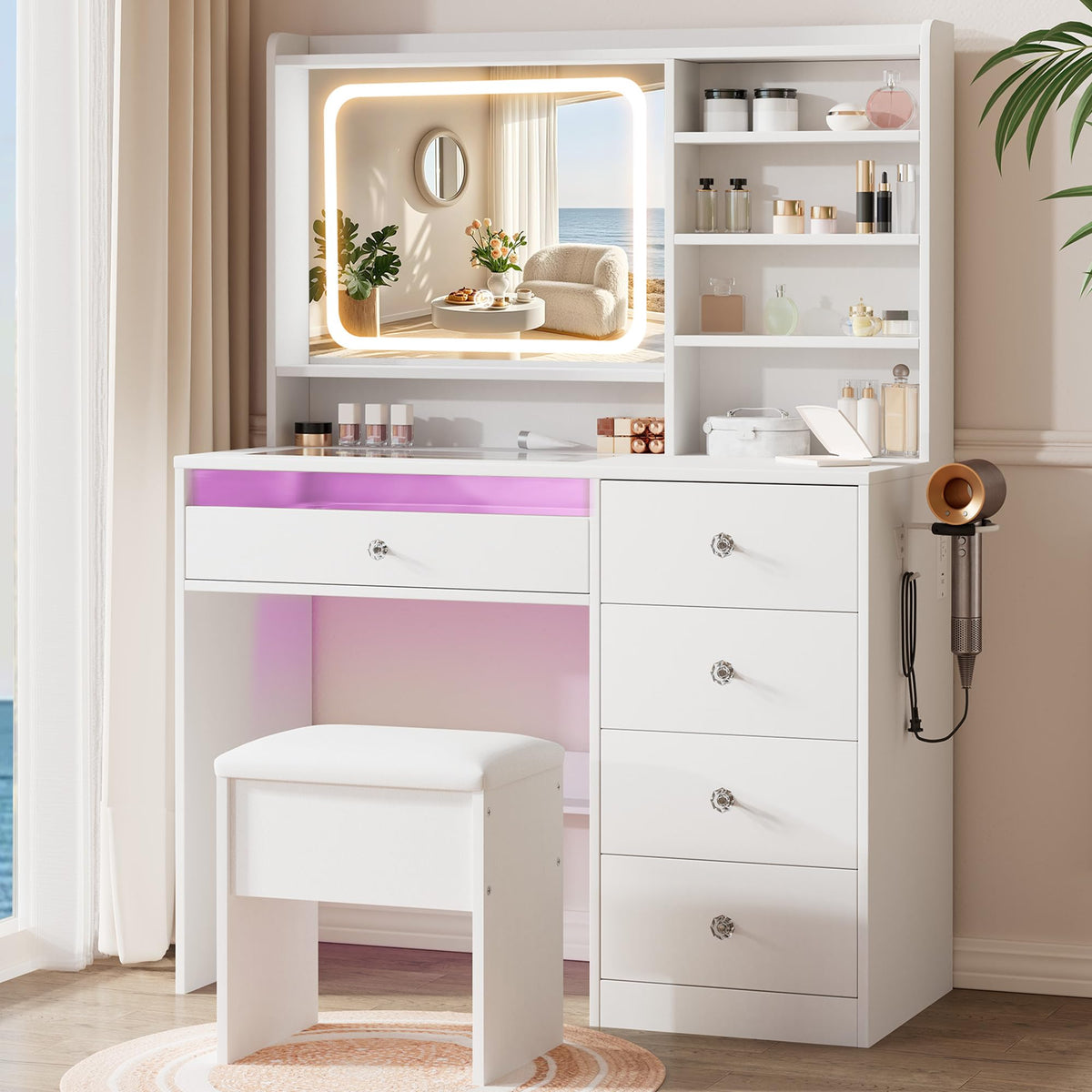 Glass-Top LED Makeup Vanity