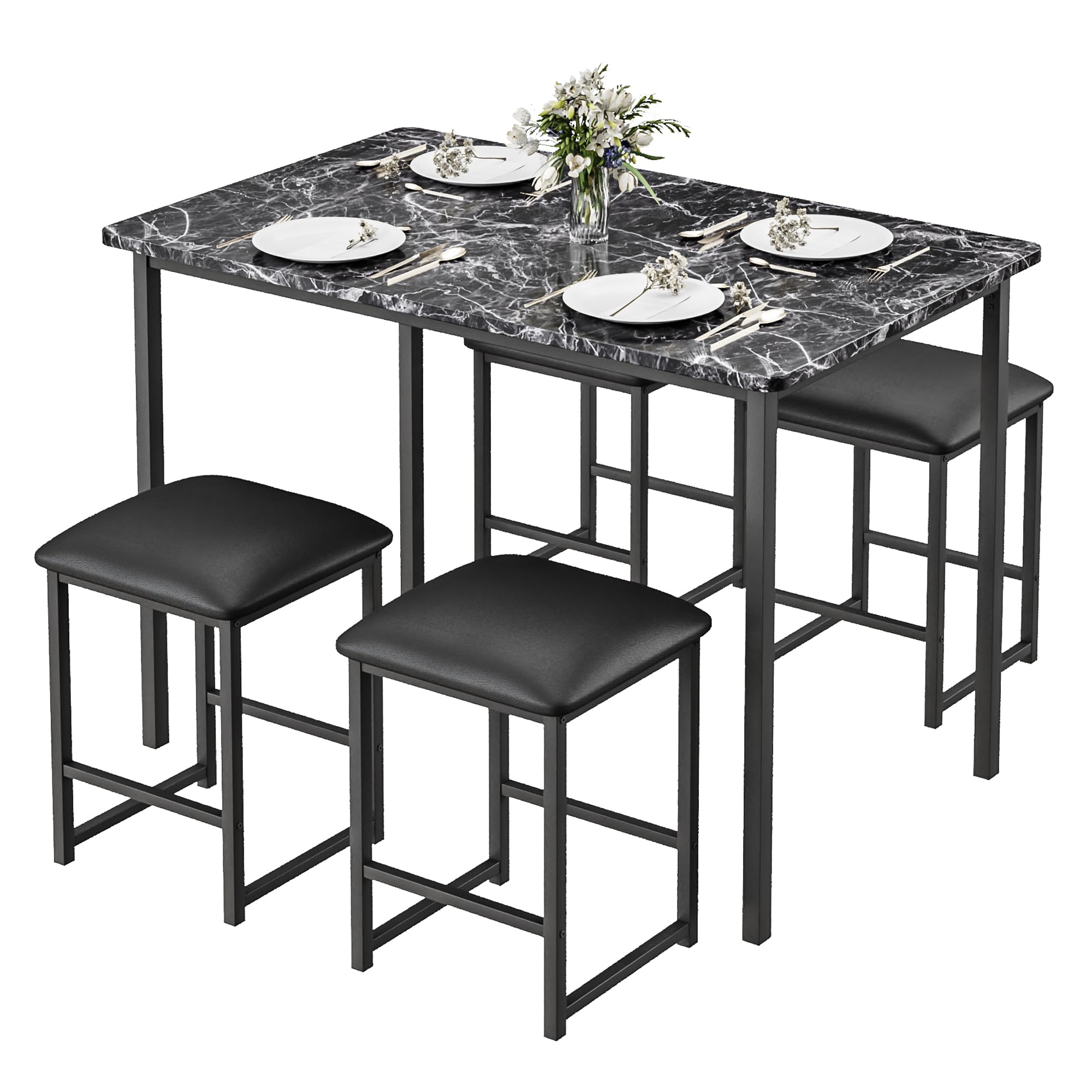 5-Piece Faux Marble Dining Table Set with 4 PU Stools