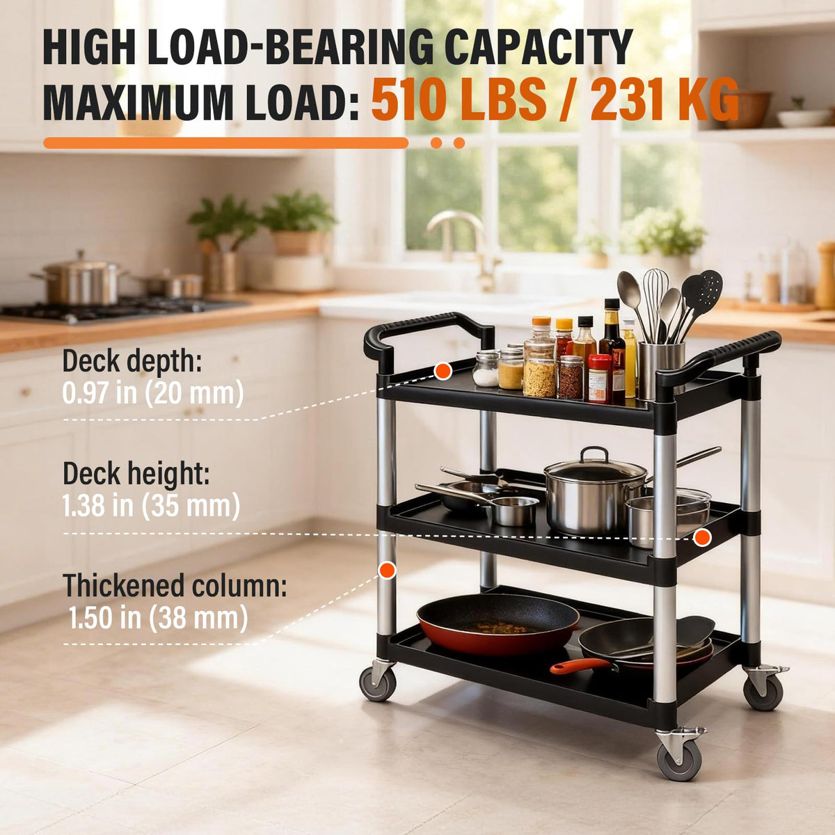 FNOONXY Plastic Commercial Cart Large Size, Restaurant Cart with Wheels Lockable, Heavy Duty Utility Service Cart for Foodservice, Commercial,Office, Warehouse, Black, Load Capacity 510 lbs (231 kg)
