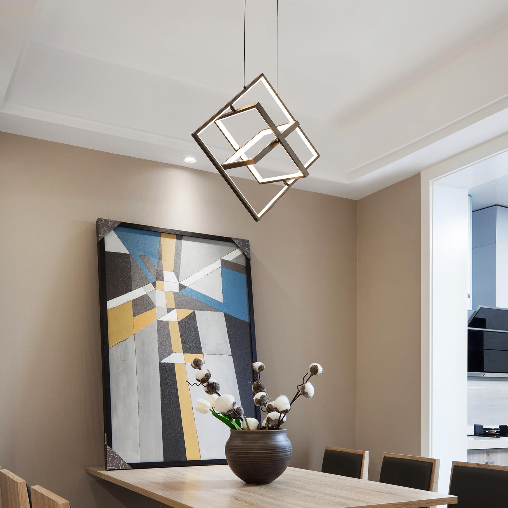 Fang Yan Mei Modern LED Black Square Chandelier Geometric Chandeliers LED Dimmable Hanging Pendant Light Contemporary Creative DIY Height Adjustable Lighting for Entryway Dining Room 3000-6000k