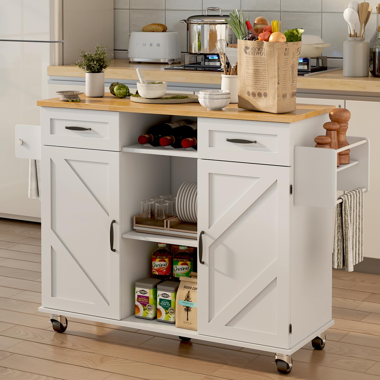 knoworld 51.5'' Rolling Kitchen Island with Storage Cabinet & Drawers, Drop Leaf Kitchen Cart on Wheels, Farmhouse Portable Mobile Islands, Large Butcher Block Table with Tower/Spice Rack, White