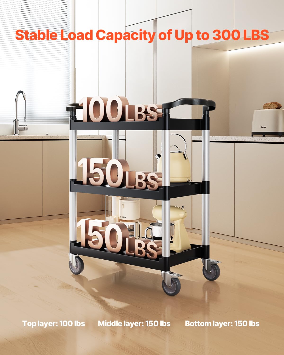 3-Tier Rolling Utility Cart with Swivel Wheels