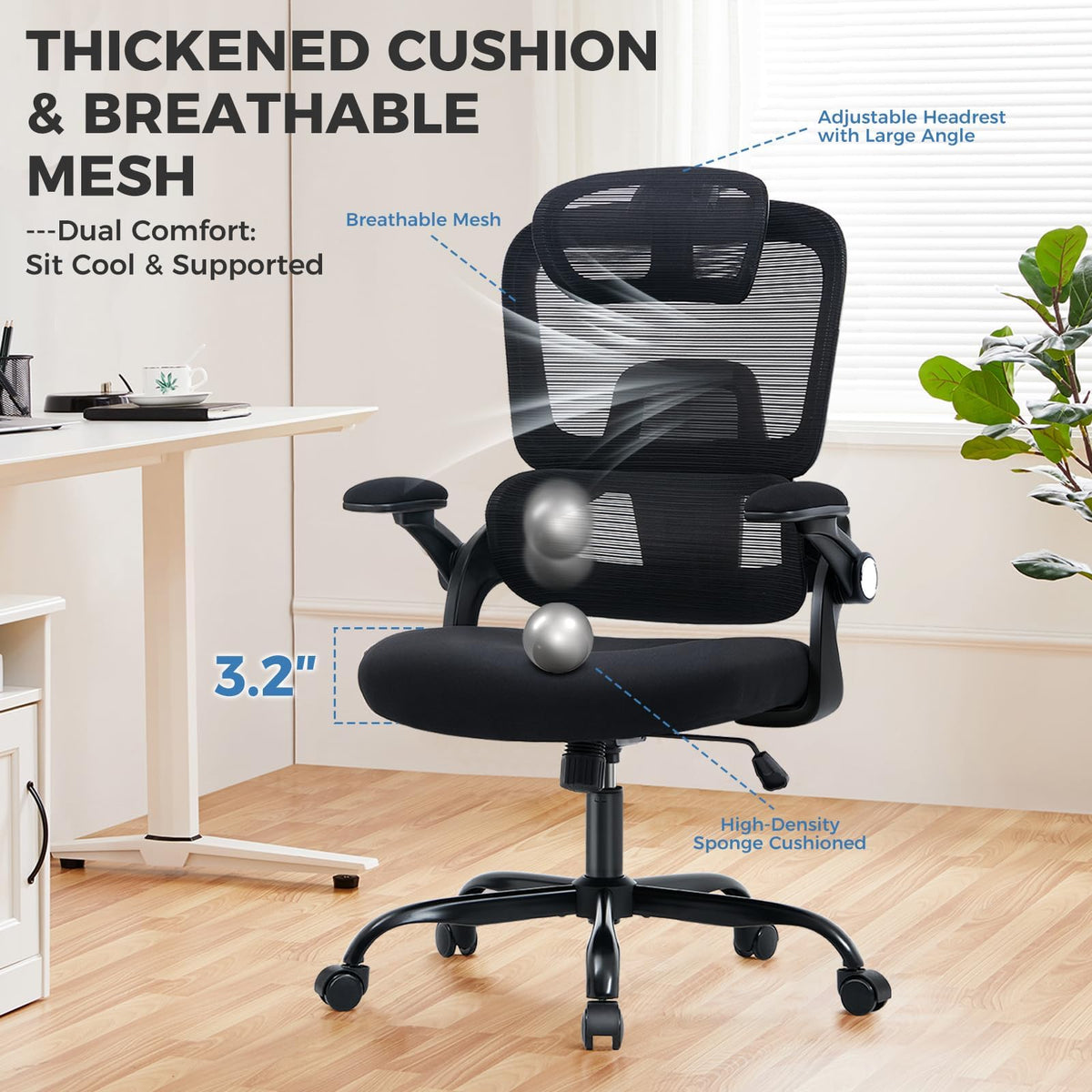 Office Chair with Adjustable Lumbar Support, Ergonomic Desk Chairs, Black