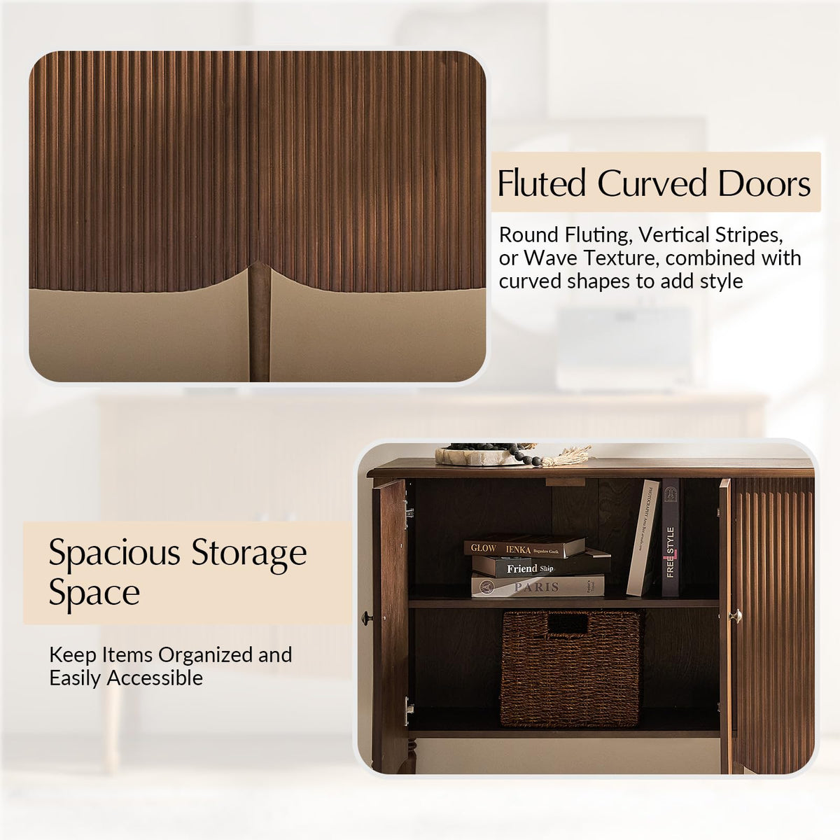 HULALA HOME 58" Fluted Sideboard Buffet Cabinet with Storage, Walnut