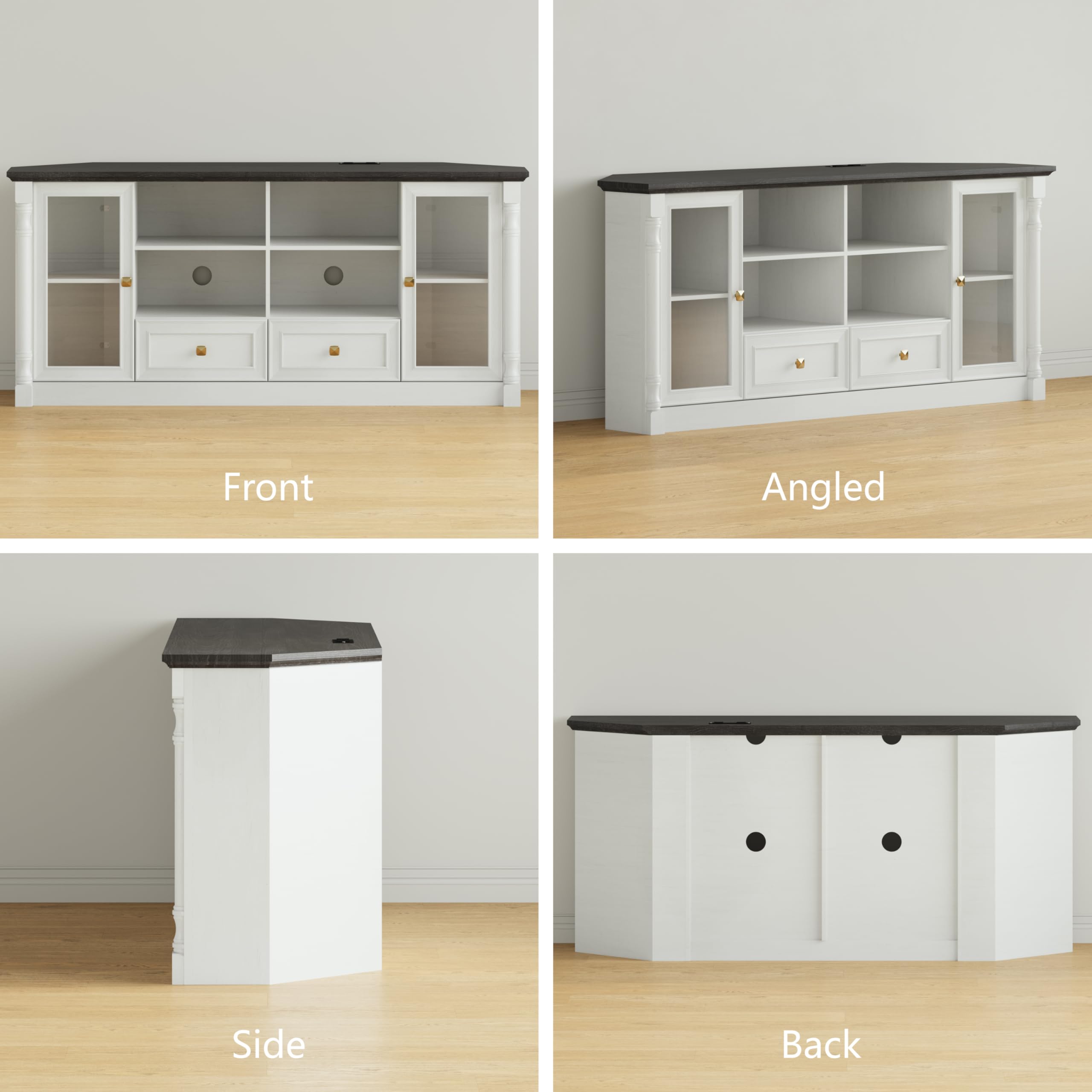 Farmhouse Corner TV Stand for 55 65 Inch TV, Modern Corner Entertainment Center with Power Outlet, Adjustable LED Lights & Glass Doors , Wood Console Cabinet with Storage for Living Room, Bedroom