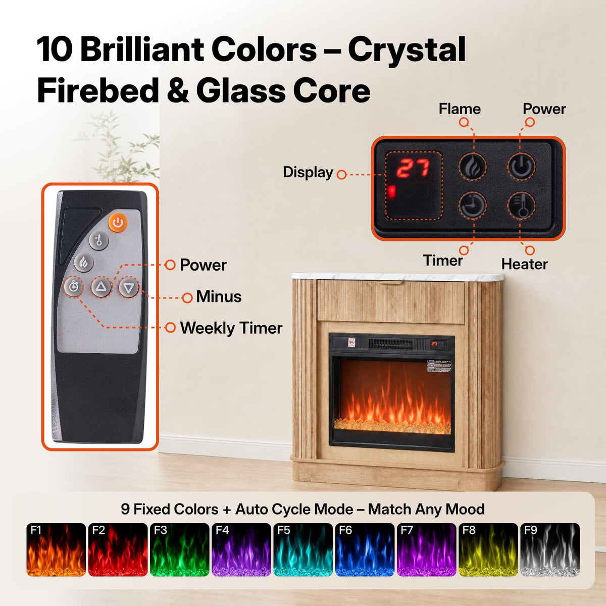 NORTHSKY 39" Farmhouse Electric Fireplace with Mantel, 23" Insert 9‑Color LED Crystal Flame Effect, Freestanding Curved Fluted Wood Fireplace Heater W/Storage&Remote Control for Living Room Bedroom