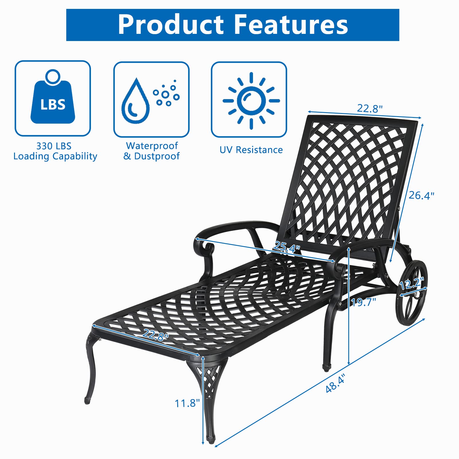 Outdoor Chaise Lounge Chair with Adjustable Backrest & Wheels