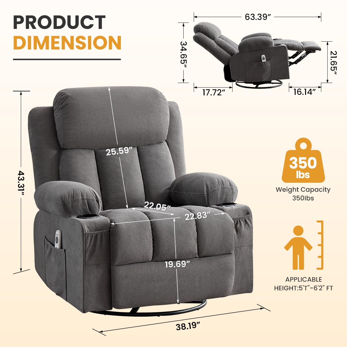 Swivel Rocker Recliner Chair with Vibration Massage & Lumbar Heating, Ergonomic Lounge Chair for Living Room, Rocking Function, Side Pocket, 2 Cup Holders, USB Charging Port