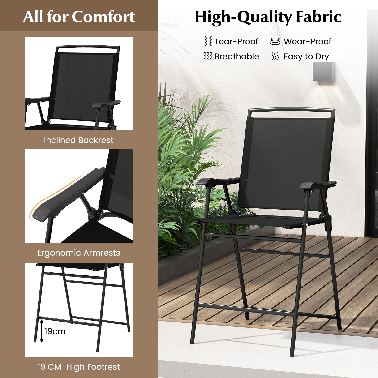 3-Piece Outdoor Patio Bar Set with Round Table & Folding Counter Height Chairs
