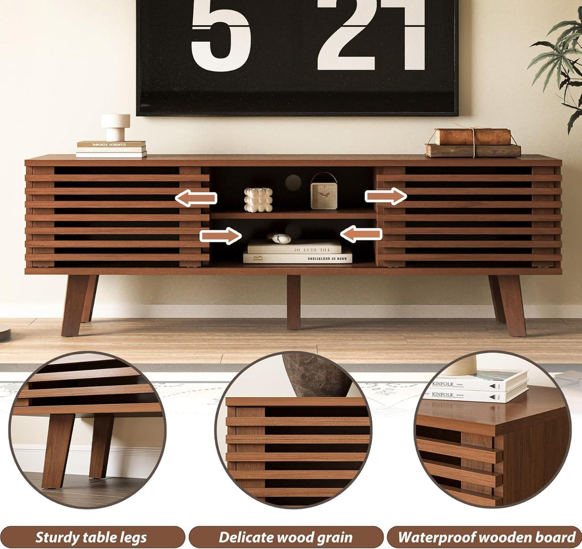 MAISONARIA Living Room Table Sets of 3, Mid Century Coffee Table & End Table Set of 2, Sliding Door Coffee Table with Storage, Modern End Table for Living Room, Walnut