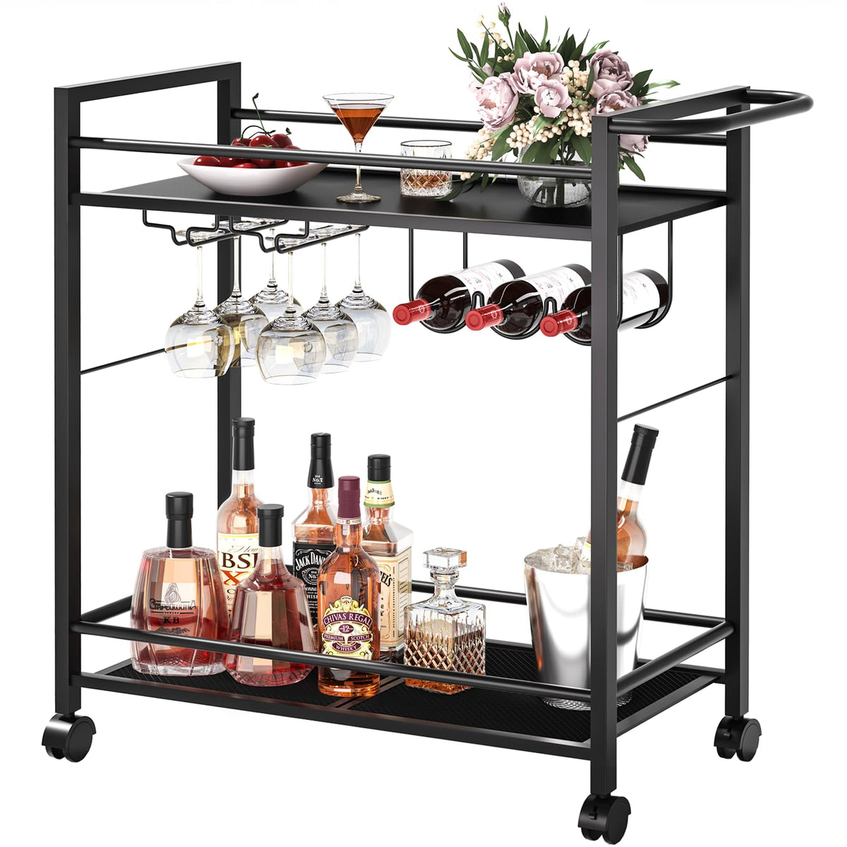 Joaxswe Bar Cart w/Wheels,2 Tier Home Bar Serving Cart,Vintage Black