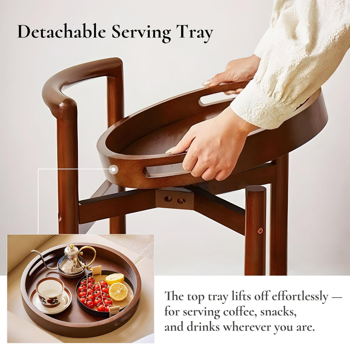 Cttasty Side Table with Wheels, Mid Century Modern Rolling End Table, Solid Wood Round End Table with Detachable Tray, Small Accent Table, Movable Coffee Table Cart(Walnut)